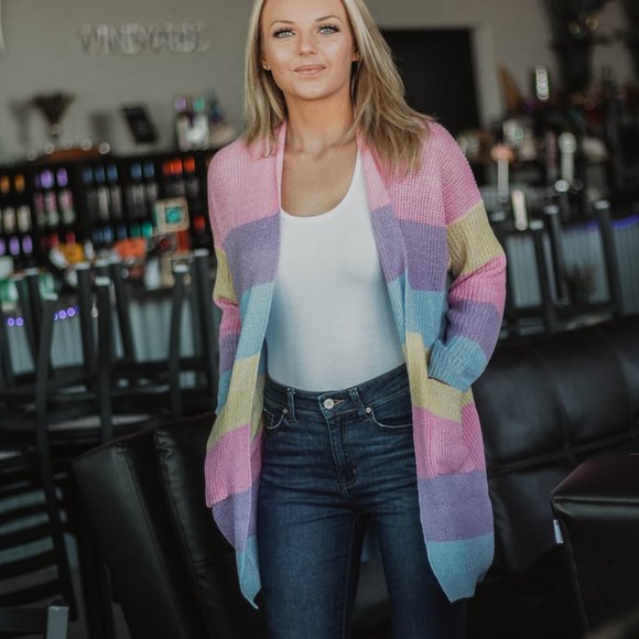 Pink Multi Color Striped Open Front Cardigan - Picture 3 of 4